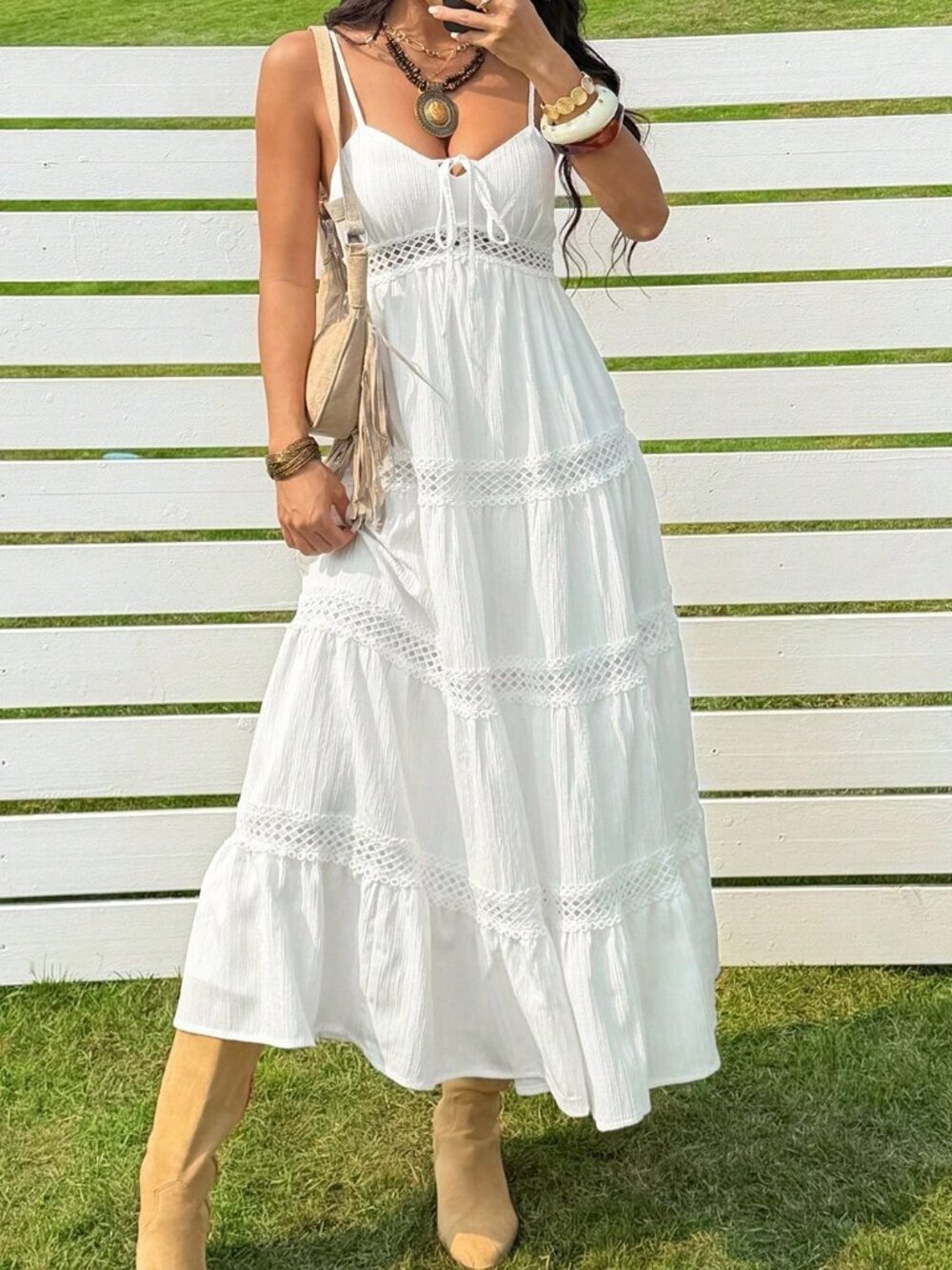 White Casual Women's Music Festival Dress Woven Spaghetti Strap Vacation Dress - Picture 5 of 8